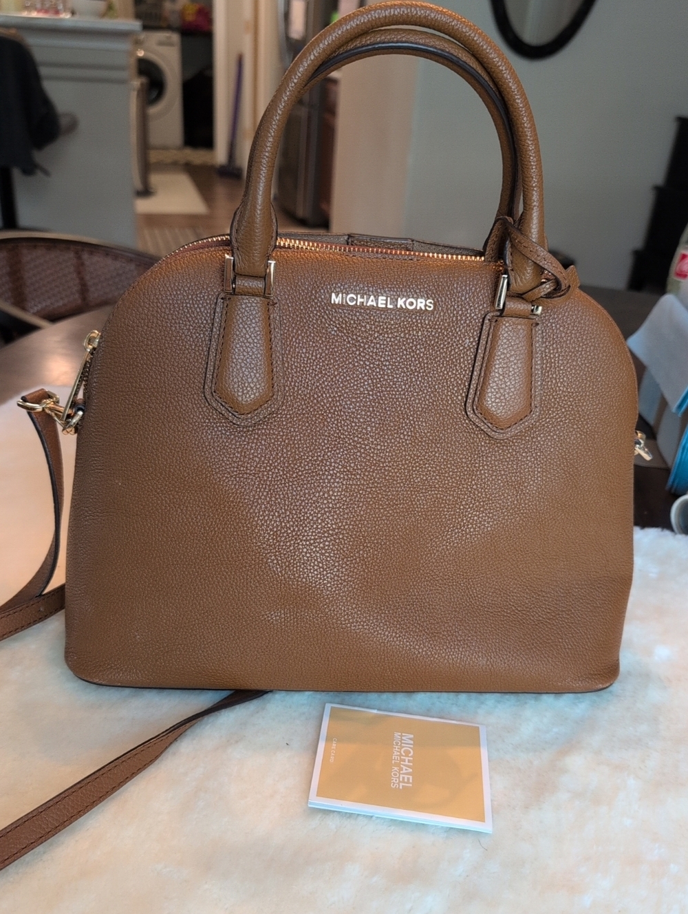 Michael Kors Emmy Dome Satchel Bag in Tan Pebbled Leather with Padlock Detail